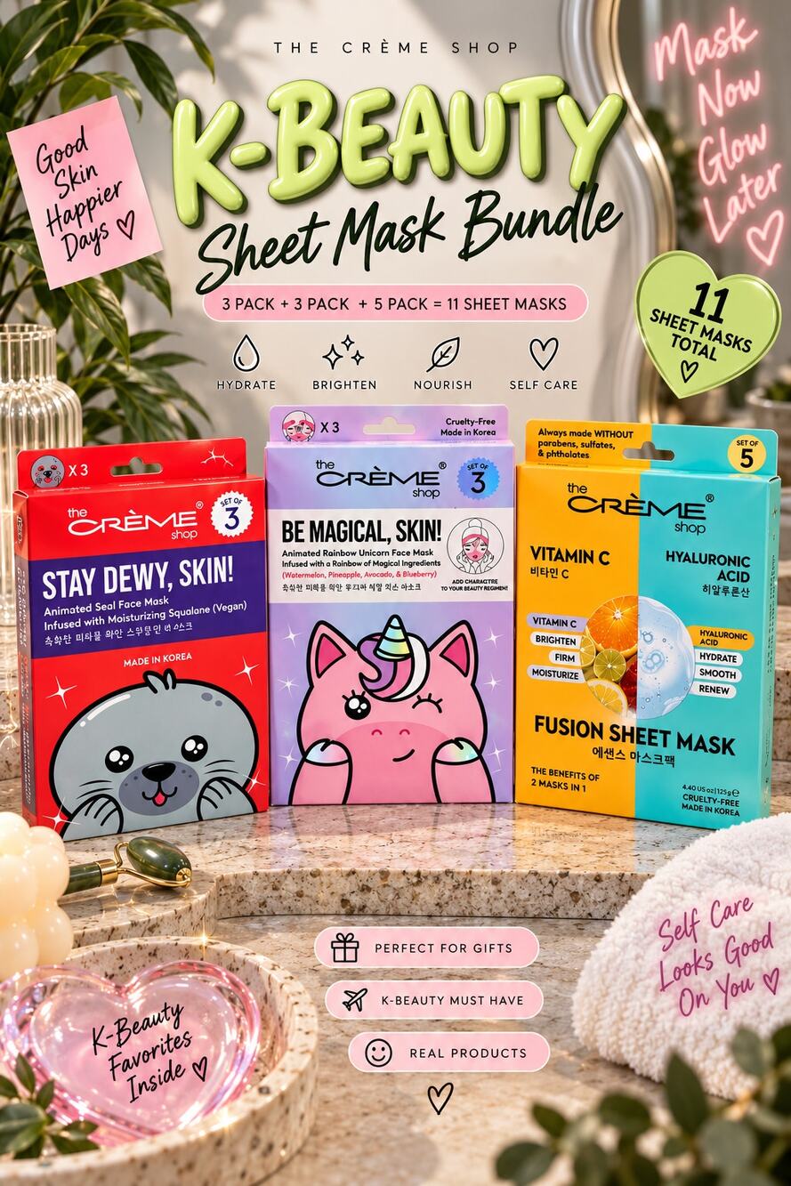 NEW IN BOX The Creme Shop K-Beauty Sheet Mask Bundle 11 Masks Squalane Vitamin C